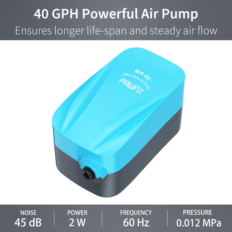 Pawfly 40 GPH Aquarium Air Pump with Airline Tubing and Check Valve Accessories for 3 - 10 Gallon Small Fish Tank Air Pump Set - PawsPlanet Australia