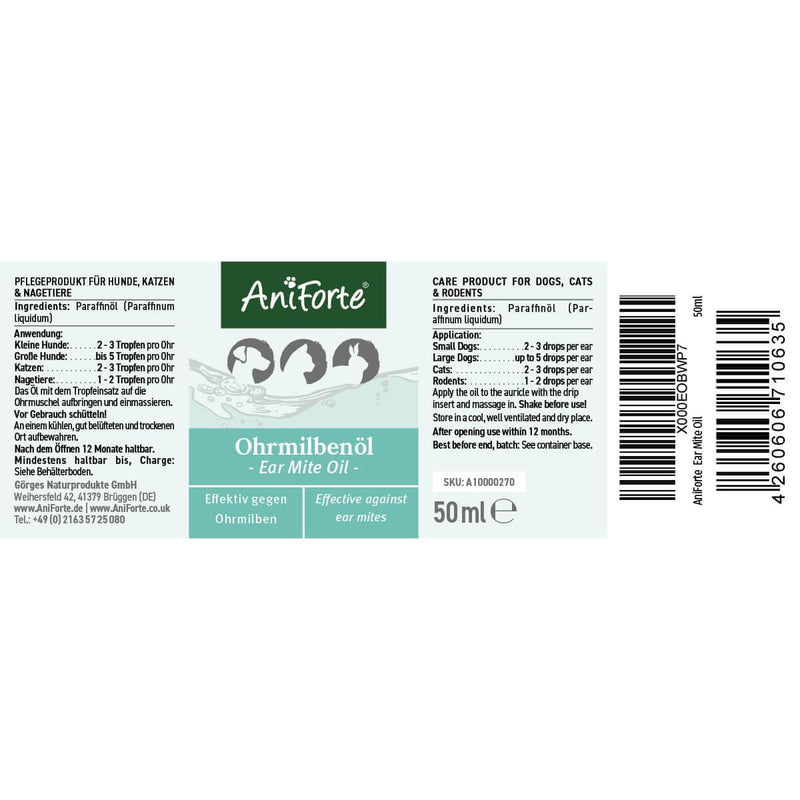 AniForte Ear Mite Oil for Dogs, Cats & Rodents 50ml - Ear drops for itching & mites, remedy for ear mites, ear care & ear cleaning 50 ml - PawsPlanet Australia