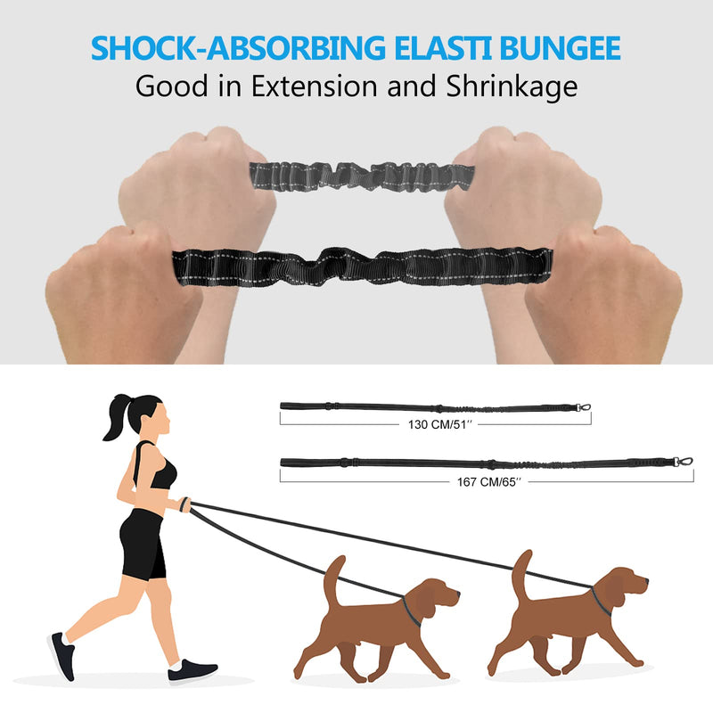 4.26FT to 5.57FT Strong Dog Leash, LENAUQ Anti Pull Shock Absorbing Bungee Dog Lead with 2 Padded Handle Car Seat Belt Buckle Reflective Strips, Adjustable Dog Leash Black - PawsPlanet Australia