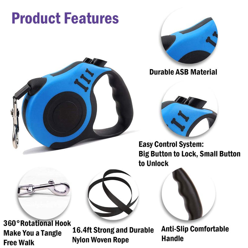 [Australia] - FadaStore Retractable Dog Leash【$12.95→$10.49】 Upgraded 360° Tangle Free for Medium and Small Dogs or Cats,16ft (5m) Strong and Durable Nylon Woven Rope, One-Handed Brake and Anti-Slip Handle blue 