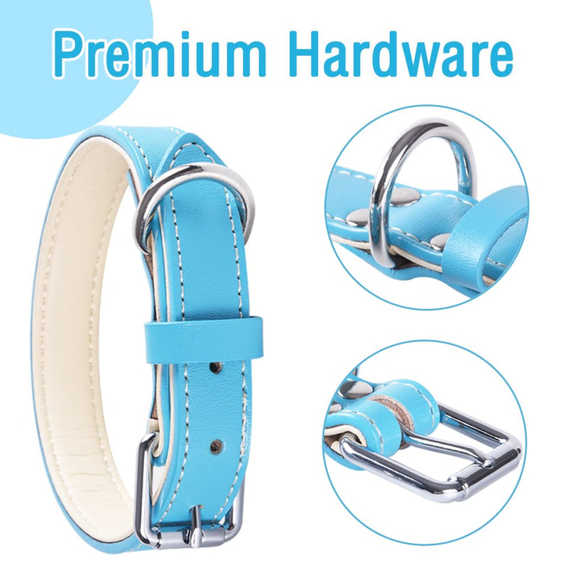 Genuine Leather Adjustable Dog Collar of Soft Thick Padded Collars Best for Small Medium Large Breed Dogs(Blue) (Small) Blue - PawsPlanet Australia