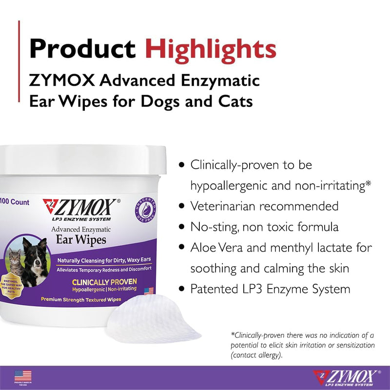 Zymox Advanced Enzymatic Ear Wipes for Dogs and Cats - for Dirty, Waxy, Smelly Ears - Premium Strength Ear Cleaner Wipes - Non-Irritating - Hypoallergenic - 100 ct - PawsPlanet Australia