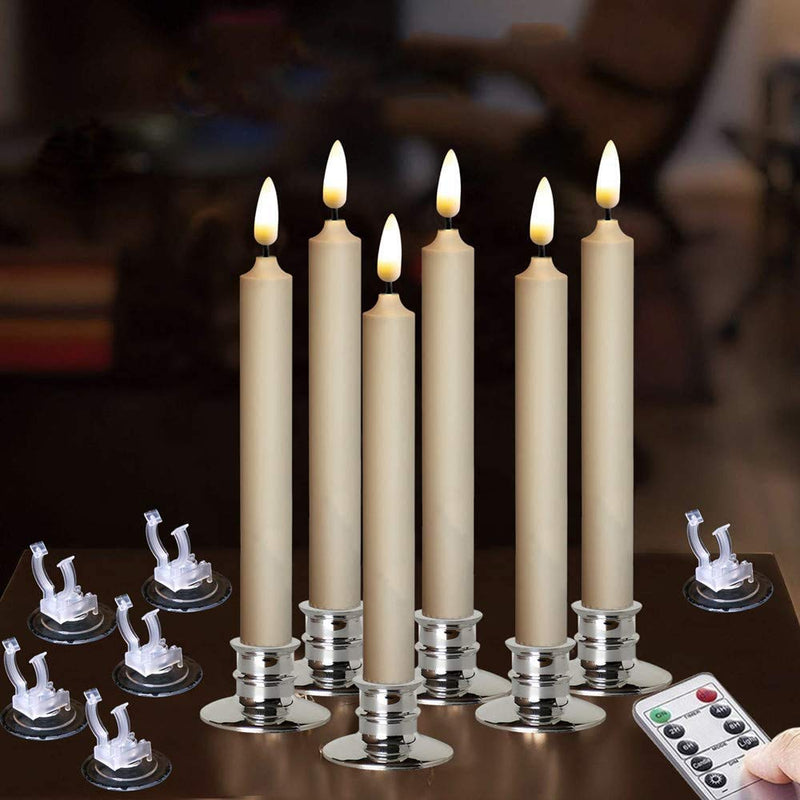 6PACK Flameless Battery Powered Ivory Taper Windows Candles with Remote and Timer & Candlestick, with Clips, Suction Cup,and Removable Silver Candleholders, Remote Included, Patented Silver Candleholder - PawsPlanet Australia