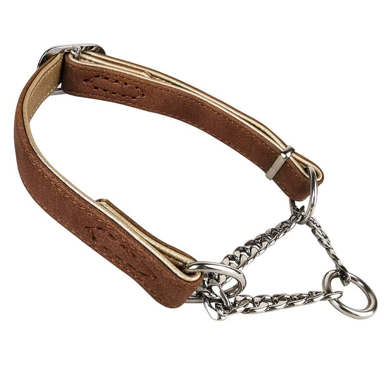 Rantow Heavy Duty Soft Leather Dog Collar for Walking Running Training - Stainless Chain Pet Collar for Small/Medium Dogs L Brown - PawsPlanet Australia