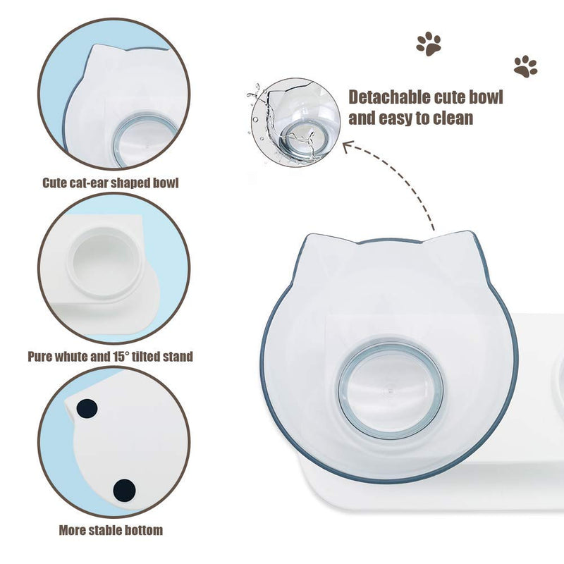 WQU elevated double cat bowl, lovely cat-ear style, 15° inclined non-slip cat food and water bowl, protect the pet's cervical spine, removable cat and dog pet bowl, free food spoon Clear - PawsPlanet Australia