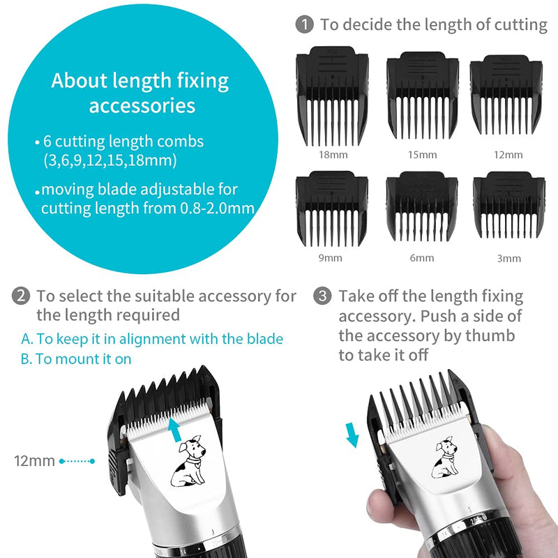 GHB Electric Dog Hair Clipper Cordless Pet Grooming Kit Low Noise with Steel Comb Scissor 2 Rechargeable Batteries 6 Guide Combs White - PawsPlanet Australia