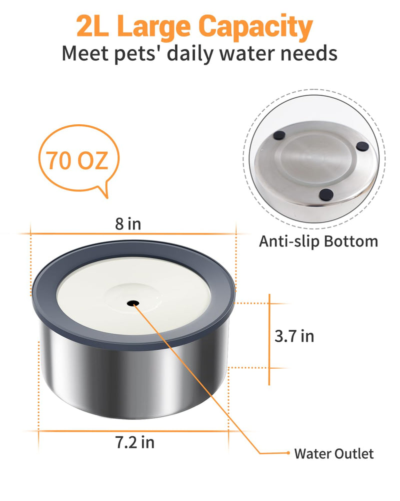 No Spill Water Bowl for Dogs, 2L Large Stainless Steel Slow Drinking Water Dish Dispenser, Fits into Elevated Pet Feeder, Spilling Drip & Splash Proof Slobber Stopper for Messy Drinkers - PawsPlanet Australia