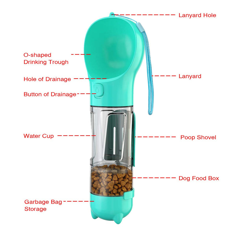 SHUNHAO Dog Multifunctional Water Bottle, for Puppy Outdoor Walking with Food Containers,Shovel and Garbage Bags, Suitable for Hiking,Traveling,Food Grade Plastic 10OZ Blue - PawsPlanet Australia