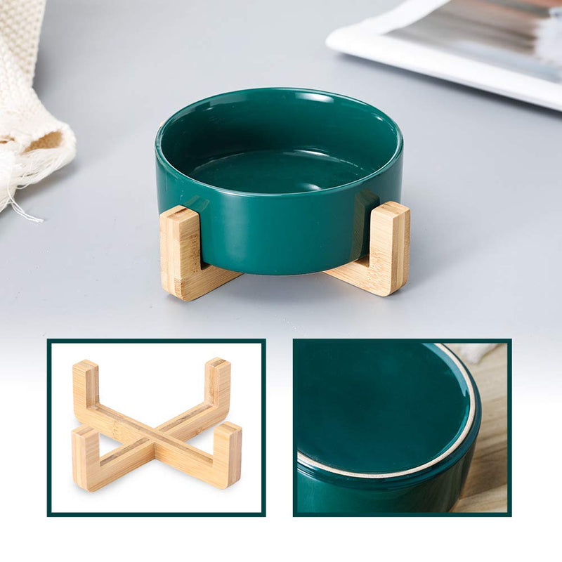 Green 5 inch Ceramic Cat Bowl with Wood Stand No Spill Pet Food Water Feeder Cats Small Dogs Green - PawsPlanet Australia