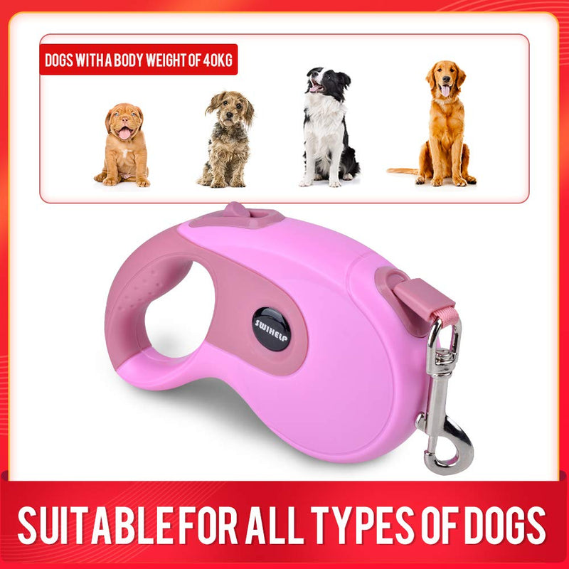 [Australia] - SWIHELP 16 ft Dog Leash Retractable, Pet Leash for Small Medium Large Dogs Up to 40 KG with One Button&Lock System for Training, Walking, Jogging (Pink) 