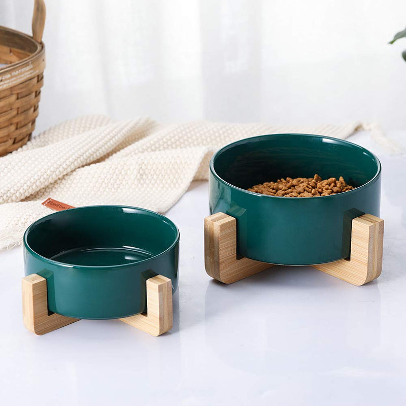 Green 5 inch Ceramic Cat Bowl with Wood Stand No Spill Pet Food Water Feeder Cats Small Dogs Green - PawsPlanet Australia