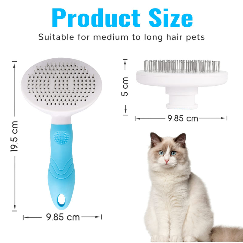 SUNNEKO Self Cleaning Cat Shedding Brush for Medium and Long Haired Cats, Cat Slicker Hair Brush for Grooming, DeShedding, Massage while Removing Hair, with a Stainless Steel Comb, Blue Blue-Self Cleaning Slicker Brushe - PawsPlanet Australia