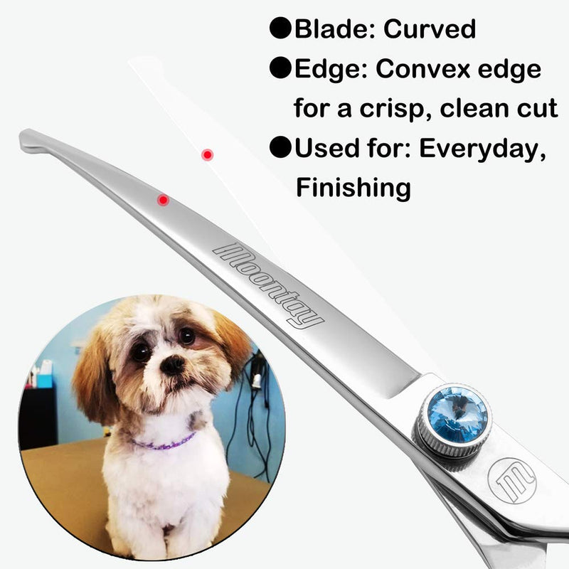 Moontay Professional Dog Grooming Straight, Curved, Thinning/Blending/Chunking Scissors Kit, JP-440C Stainless Steel Pet Cat Hair Cutting/Trimming Shears, Silver 7" (Curved Scissors) - PawsPlanet Australia