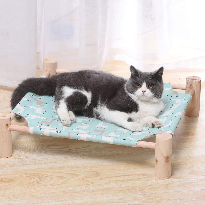 Cat Hammock Pet Cot Lounge Detachable Portable Indoor Outdoor Use Elevated Wooden Frame Square Hanging Sofa Furniture Sleeping Washable for Rabbit Cat Kitten Puppy Raised Reversible Fabric Green - PawsPlanet Australia