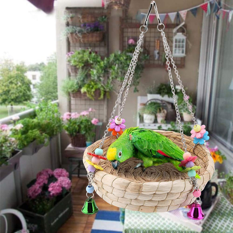 Seully Bird Parrot Toy,Parrot Bird Nest,Natural Handwoven Straw Nest Bed Swing with 4 Metal Bells,Bird Parrot Toys Swing for Birds, Small Parakeets,Parrot Perched - PawsPlanet Australia