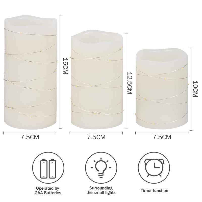 Flickering Flameless Candles Ivory Real Wax Pillar with Embedded String Lights H-BLOSSOM LED Candles Battery Operated with Cycling 5H Timer Set of 3 (3" x 4"/5"/6") (Ivory) - PawsPlanet Australia