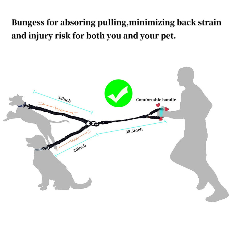 Double Dog Lead 360°Swivel No Tangle,Dual Bungee Leash Splitter for Training&Walking 2 Medium, Large Dogs, Reflective Dog Leads with Soft Padded Handle(Extra Dog Trainer and Garbage Bag&Collector) Double Dog Lead (black)--2020 Upgrate Version - PawsPlanet Australia