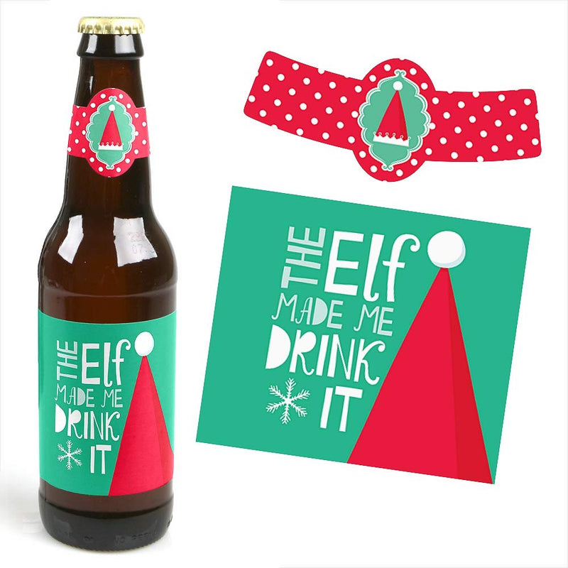 Big Dot of Happiness Elf Squad - Elf Christmas Decorations for Women and Men - 6 Beer Bottle Label Stickers and 1 Carrier - PawsPlanet Australia