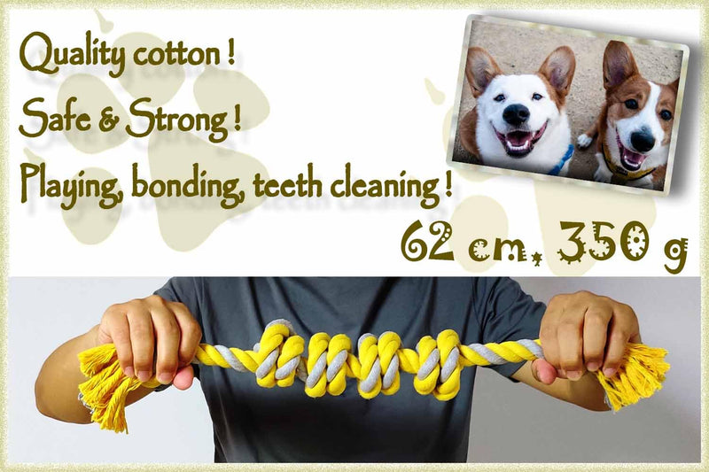 Dr. MUYA Toy for Dogs, Six Knot Cotton Rope Yellow Gray Chew Toy Interactive Game Rope Suitable for Medium and Large Dogs 62cm 350g (yellow, gray) 350g - PawsPlanet Australia
