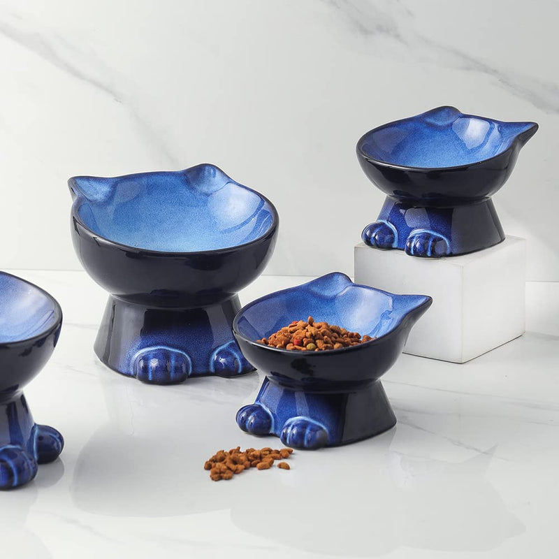 Nihow Slanted Elevated Cat Bowls: Ceramic Raised Cat Food Bowl for Protecting Pet's Spine - Microwave & Dishwasher Safe -Elegant Blue & Black (1 PC) 4.5 OZ - PawsPlanet Australia