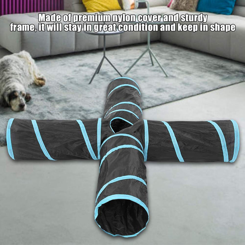 Pet Tunnel Portable Foldable 4 Way Cat Dog Play Tunnel Indoor Outdoor Small Animals Interactive Agility Exercise Training Toy (Blue) - PawsPlanet Australia