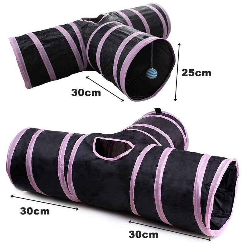 Athyior 3 Way Cat Tunnel Toys - Pop Up Play Tunnels Collapsible Interactive Pet Toy for Kitten Cat Rabbit with Ball Pink Black - PawsPlanet Australia