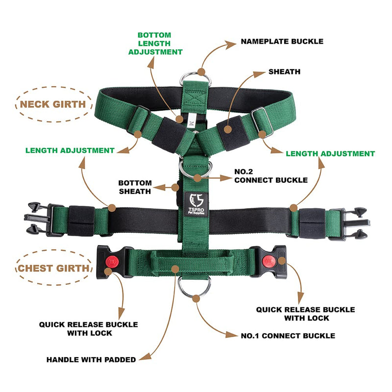 TSPRO Tactical Dog Harnesses with Handle, 1.5" Wide, Military Grade, Thick Padded and Durable, Quick Release Harness Buckle, Suitable for Medium to Large Dogs (Green-M) M-(Neck: 60-71cm, Chest: 59-80cm) Green - PawsPlanet Australia