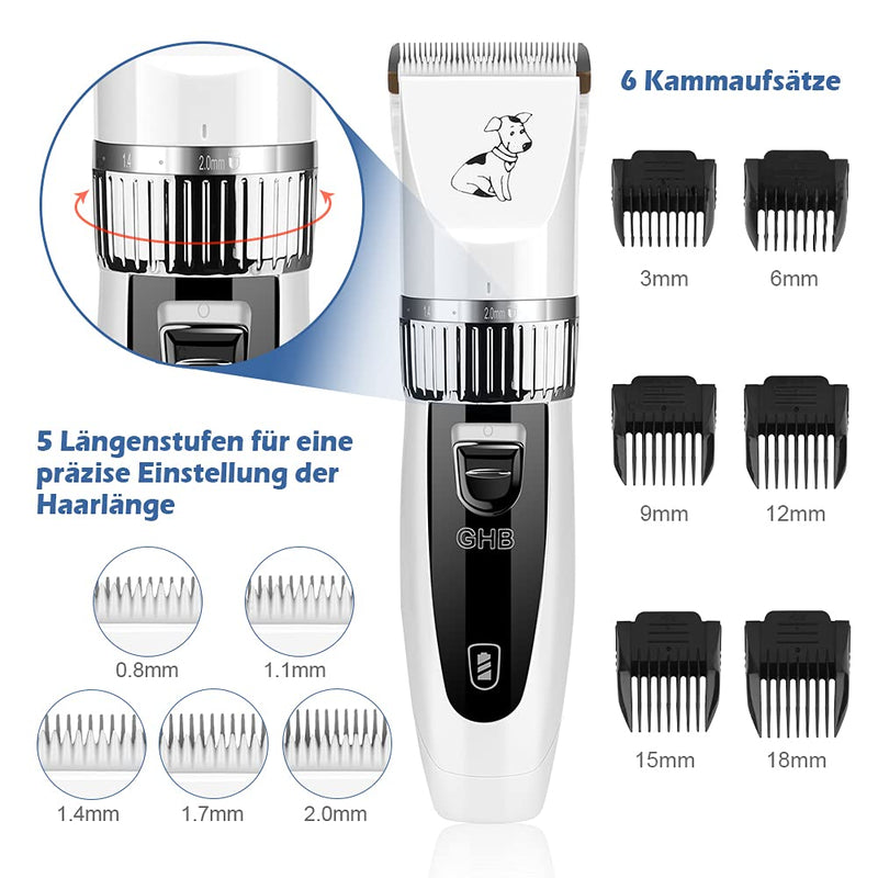 GHB Pet Hair Trimmer Dog Clipper Dog Clipper Dog Cat Pet Timmer with Dog Scissors 6 Attachments and 2 Rechargeable Batteries - PawsPlanet Australia