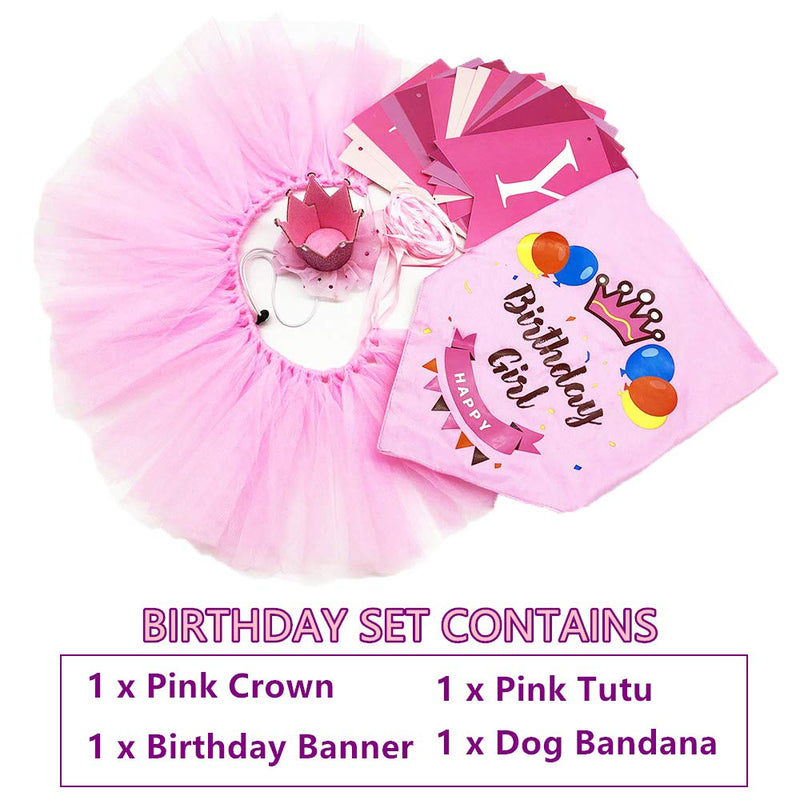 ADOGGYGO Dog Birthday Bandana Girl - Birthday Party Supplies - Pink Tutu Skirt Crown Hat Scarf Happy Birthday Banner Dog Girl Birthday Outfit for Pet Puppy Cat Girl - PawsPlanet Australia