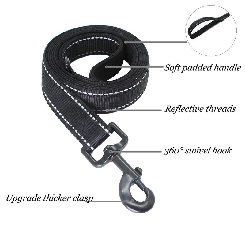 [Australia] - Yun Reflective Dog Leash 6FT Strong Durable Nylon Dog Leashes with Soft Padded Handle Walking Training Leashes for Small Medium and Large Dogs 6FT x 1" Black 