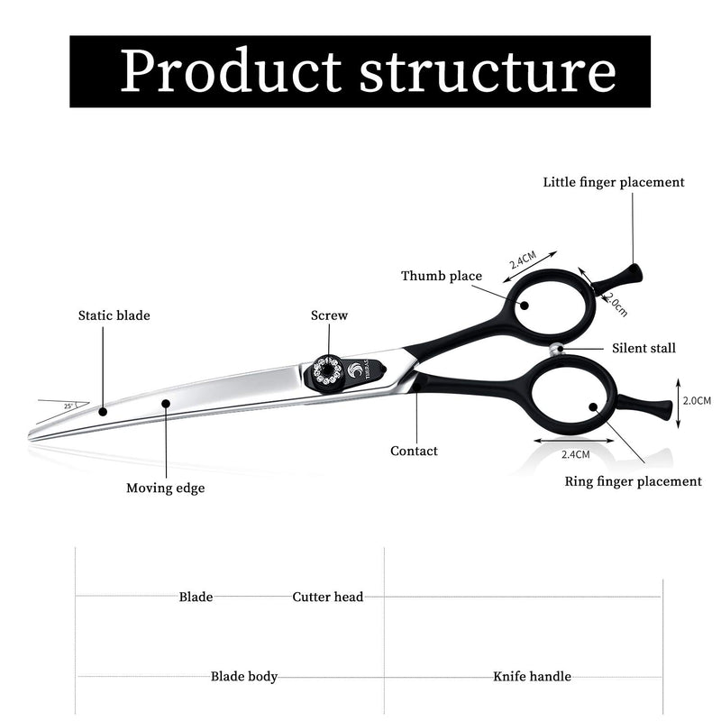 [Australia] - TIJERAS Dog Grooming Curved Scissors for Pets Hair Cutting Shears Professional 440C Stainless Steel Japan Curved Shears Safety Pets Care Scissor Pet Grooming Trimmer Kit Black Silver 7.0"/7.5"/8.0" 7.0 inches 