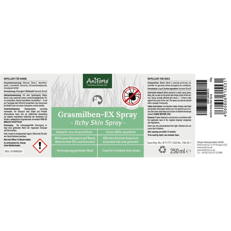 AniForte Grass Mite-EX Spray 250ml - Grass mite spray for dogs, effective & long-term defense against grass mites & parasites, soothes irritated skin & relieves itching - PawsPlanet Australia