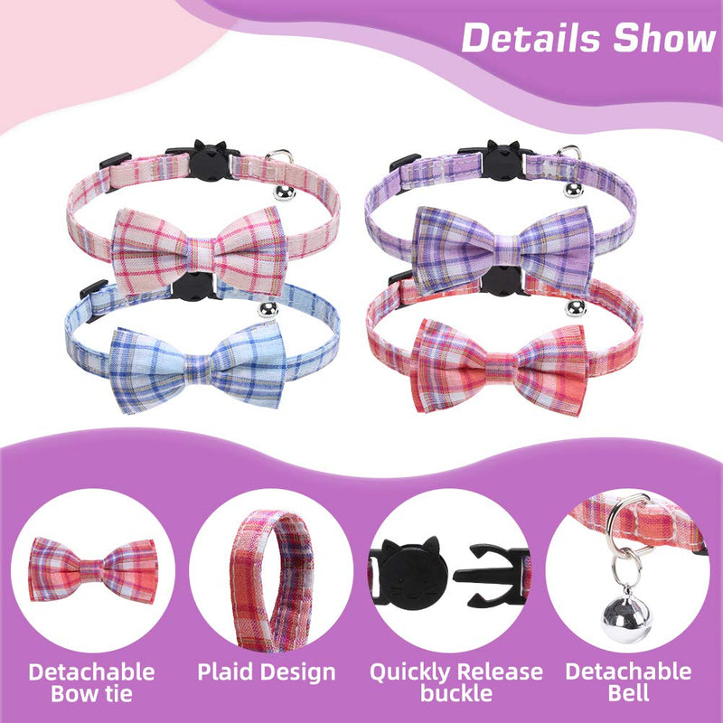 EXPAWLORER Cat Collar Breakaway with Bell - 4 Pack Classic Plaid Bow Tie Collars for Kitty Kitten… Pink & Blue & Purple & Red - PawsPlanet Australia