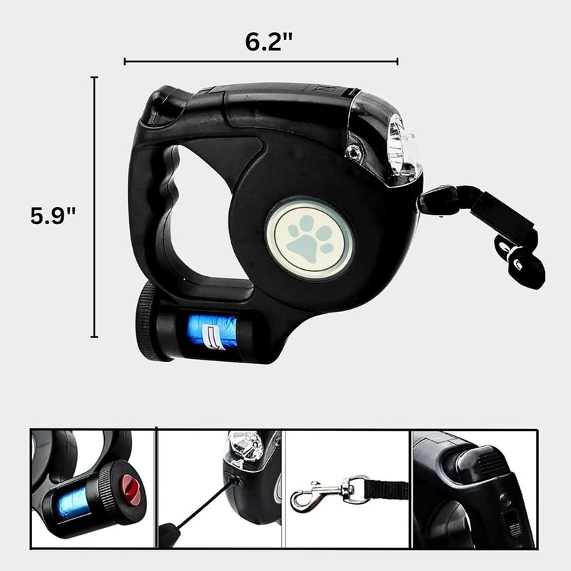 Dog leash, 5m retractable leash for dogs, with LED flashlight, 360° knot-free extended leash with bag dispenser for large and medium-sized dogs up to 25 kg weight - PawsPlanet Australia