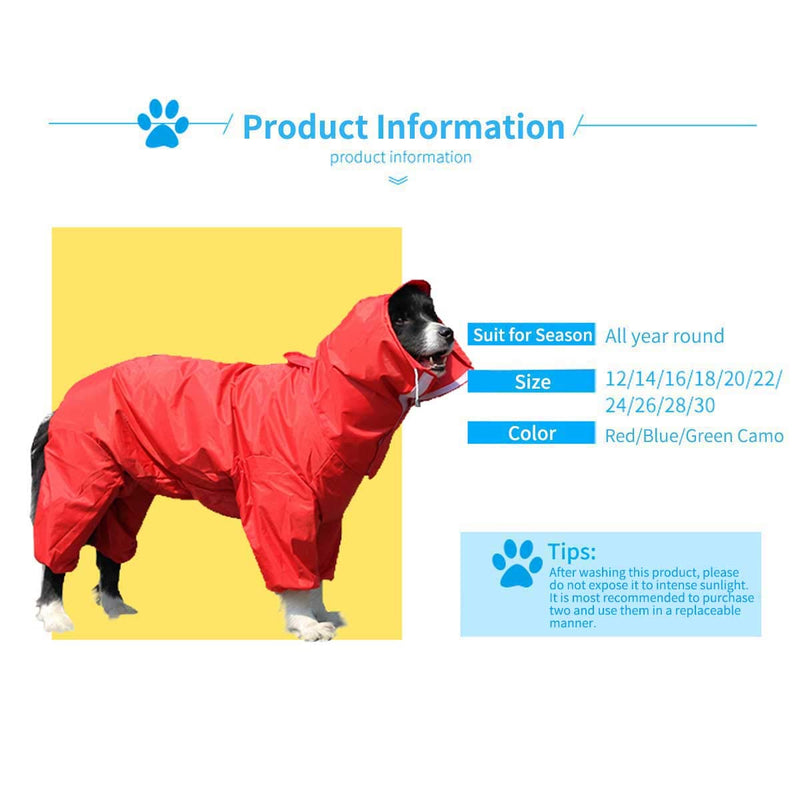 [Australia] - Dog Raincoat Pet Waterproof Rain Jacket with Hood Breathable Lightweight Dog Rain Poncho for Small Medium Large Dogs 12(Chest 16.5", Neck 12.6") Red 