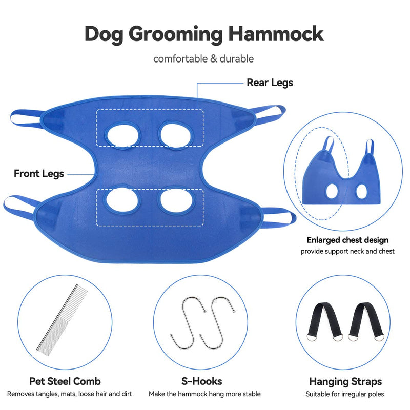 Aucenix Pet Grooming Hammock Harness for Small Dogs, Breathable Dog Grooming Sling with 4 Hooks, Durable Dog Hammock Restraint Bag Helper for Nail Clipper and Bath Grooming (M) Blue - PawsPlanet Australia