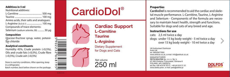 PETS Dolfos CardioDol 250ml Heart Support Supplement for Cats and Dogs with L-Carnitine Taurine L-Arginine and Selenium - PawsPlanet Australia