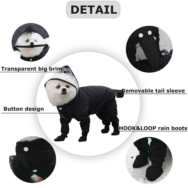 SEIS Small Dog Raincoat Hooded Pet Rain Wear Waterproof Teddy Poncho with Rain Boots Light Breathable Bomei Suit Adjustable Pet Mackintosh Outfit Black XS (Back Length 27cm/10.63") - PawsPlanet Australia
