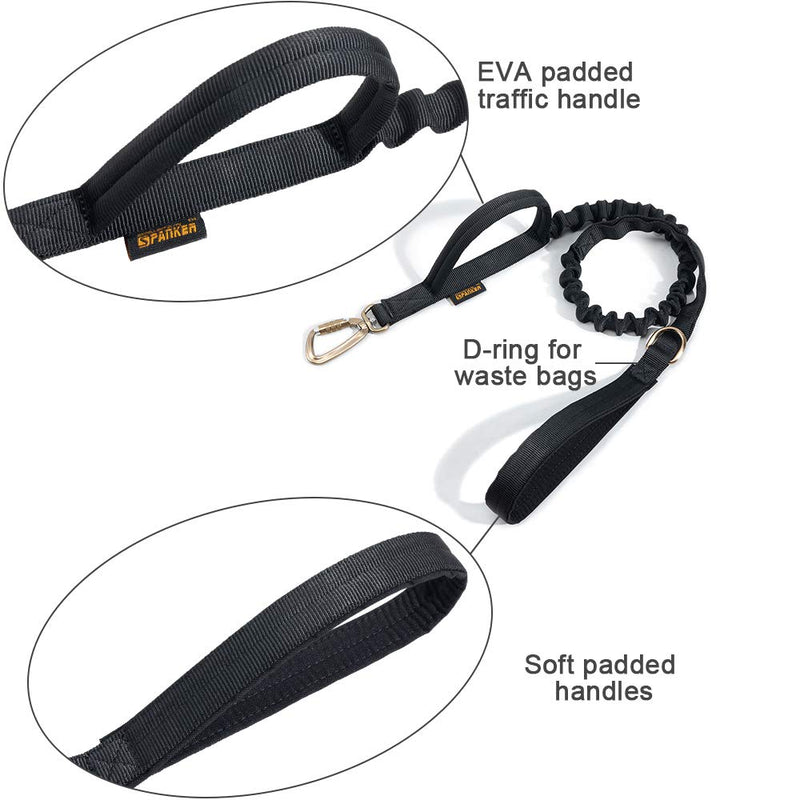 [Australia] - EXCELLENT ELITE SPANKER Military Leash Dog Tactical Space Aluminum Hook Clips Bungee Dog Leash Tactical Dog Leash Elastic Dog Rope Leads with 2 Control Handle Black 