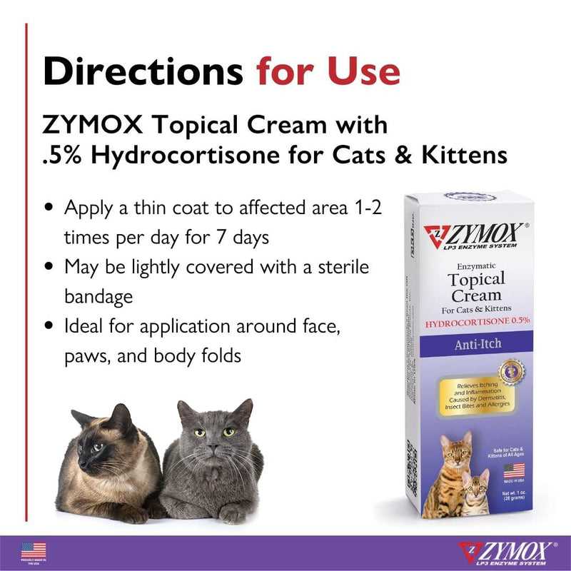 Zymox Enzymatic Anti-Itch Topical Cream with 0.5% Hydrocortisone for Cats & Kittens, 1 oz. – Multi-Purpose Cream for Hot Spots, Itchiness, Rashes, Skin Irritation, Allergies & Insect Bites - PawsPlanet Australia