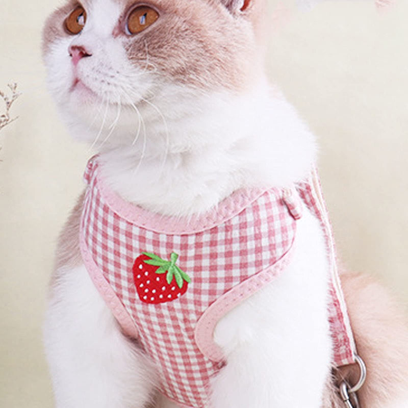 CheeseandU Pet Dog Cat Harness and Leash Set with Bags Soft Mesh Cute Daisy Strawberry Pattern Embroidery Anti-Escape Dog Cat Walking Vest Harness for Puppy Small Dogs Cats Rabbits Small (Chest 10"-20") Pink Strawberry - PawsPlanet Australia