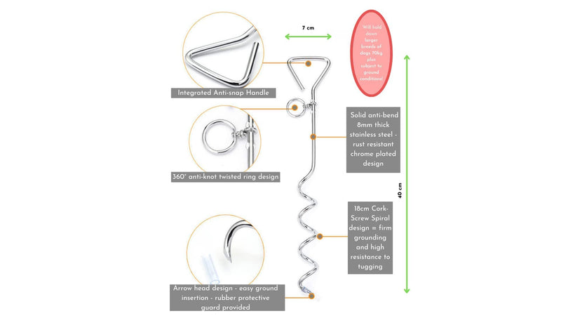 Heavy Duty Dog Tie Out Cable and Stake - Bundle: 5m Heavy Duty Tie Out Cable, Spiral Ground Stake, Cleaning Cloth, Storage Bag - PawsPlanet Australia