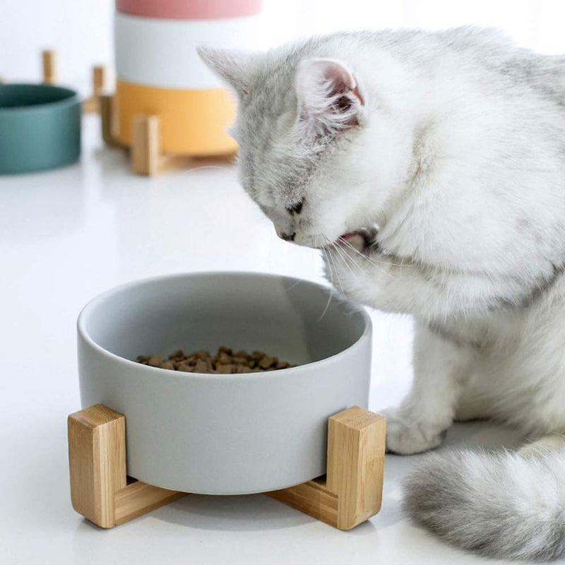 Dog Bowl - Ceramic Cat Bowl with Wood Stand Non-slip Portable No Spill Pet Food Water Feeder, Dishwasher/Microwave Safe, Durable Stoneware Dish Eco Friendly Pet Bowls for Small Medium Dogs And Cats Gray - PawsPlanet Australia