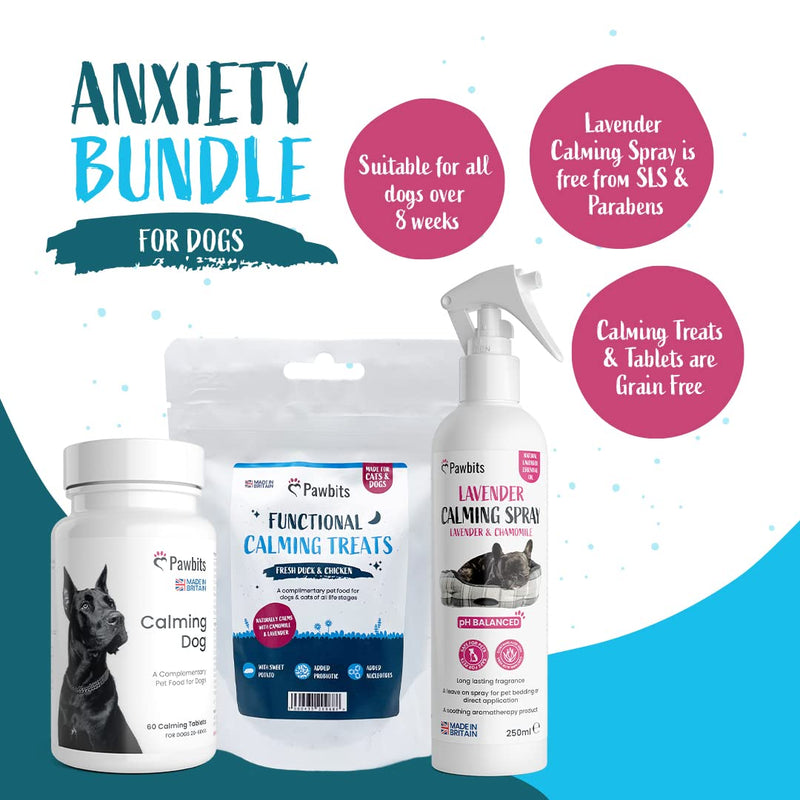 Dog Anxiety Pack | 3 Calming Products | for Stressed & Anxious Dogs | 60 Calming Dog Tablets | Lavender Calming Spray | Calming Dog Treats - Grain Free UK Made Training Treats - PawsPlanet Australia