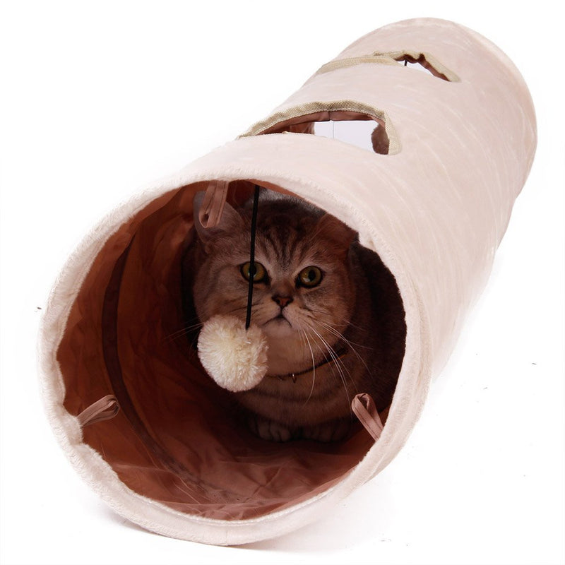 PAWZ Road Cat Pet Tunnel Soft Crinkly Ball Play Fun 2 Holes 25 cm Labyrinth Sprung Steel Creamy White 120 cm Creamy White:120*25 cm - PawsPlanet Australia