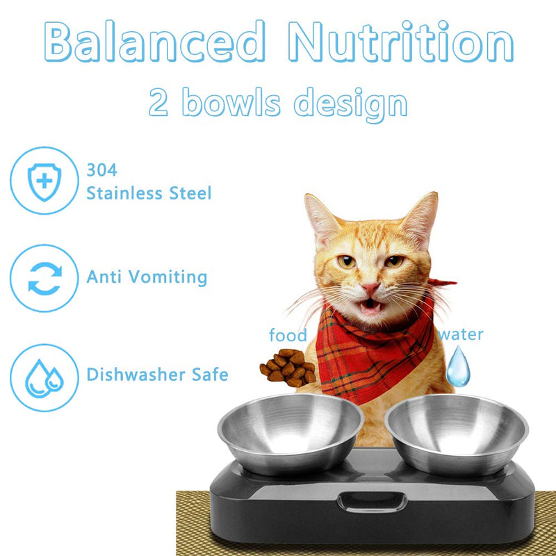 TANGN Raised Cat Feeding Bowl Stainless Steel Cat Food Dish Elevated with Non-Slip Stand, Tilted 15° Anti Vomiting Cat Bowls Designed for Kitten Puppy Pet Whisker Fatigue Dishwasher Safe (Double Bowl) Double Bowl - PawsPlanet Australia