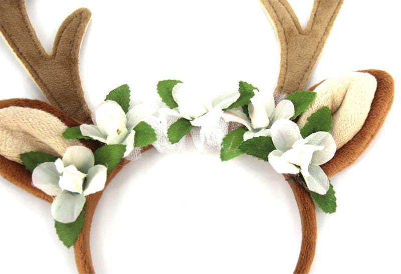 Hillento Dog Elk Antler Reindeer Hat Cap Dog Cat Pet with Flowers Christmas Reindeer Antlers Ears Wearable for Small/Medium/Large Dogs, M M(for medium dog) Brown - PawsPlanet Australia