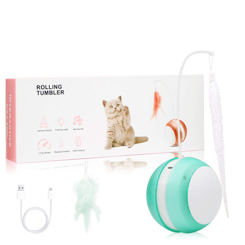 [Australia] - HeiYi Interactive Cat Toys Ball, Automatic Irregular Control USB Charging Cat Toys for Indoor Cats, Smart Robotic Random Rolling 2 Play Modes Cat Toy with 2 Replaced Feather/Led Light/Bird Sounds 