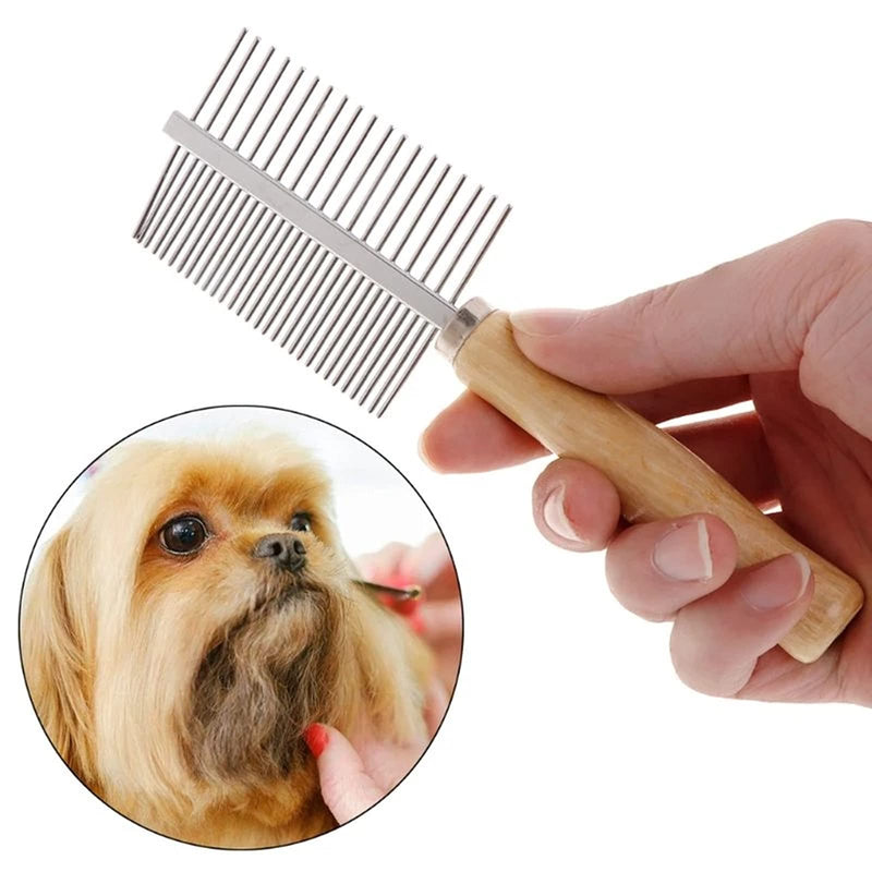 Pet Grooming Comb, 2 Pieces Stainless Steel Double Sided Cat Dog Comb Hair Brush Kitten Puppy Flea Comb with Wooden Handle - PawsPlanet Australia