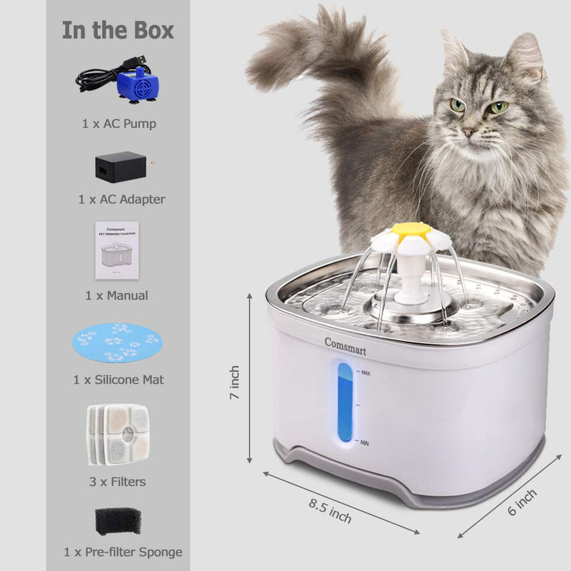 Comsmart Cat Water Fountain, Stainless Steel Intelligent Auto Power Off Pet Fountain Drinking Dog Water Fountain Recirculating 85 oz/2.5L Automatic Drinking Water Dispenser Blue - PawsPlanet Australia